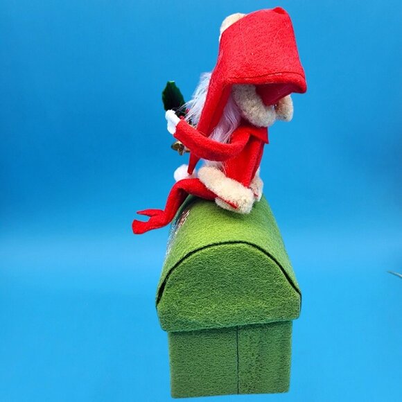 Santa Claus On Rooftop Green Felt Box Ornament Holly Gold Bell & Foil Accents v2 - Picture 5 of 10